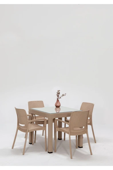 SANDALİE Rattan Small Lüx Camlı Cappucino Masa Takımı Bahçe&balkon 1 Camlı Masa + 4 Sandalye