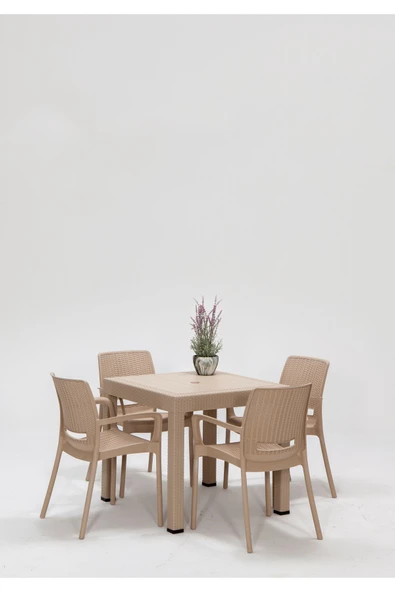 SANDALİE Rattan Cappucino Kollu 4 Sandalye Masa Takımı - Bahçe&Balkon&Teras