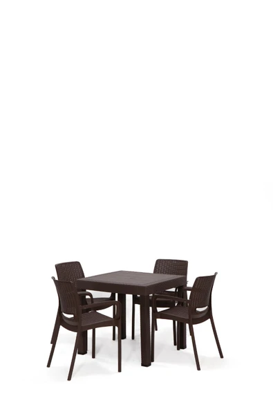 SANDALİE Rattan Kahve Kollu 4 Sandalye Masa Takımı - Bahçe&Balkon&Teras