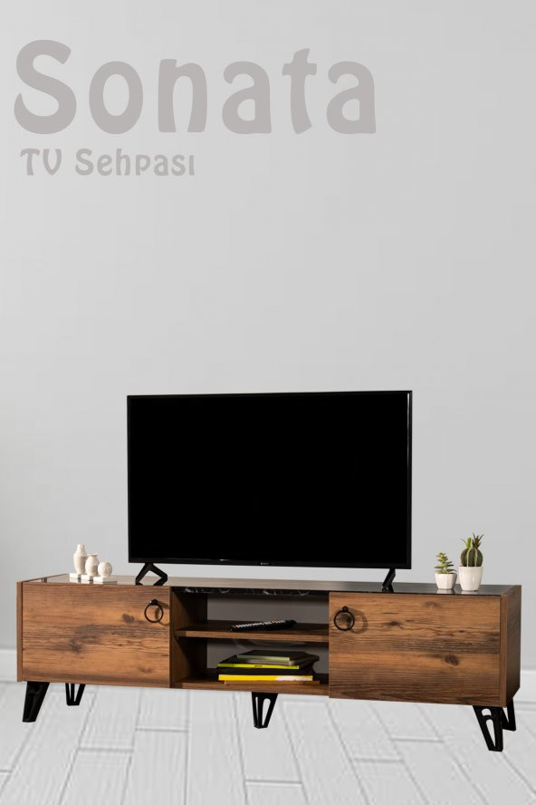SANDALİE Sonata TV Ünitesi - Ceviz/Siyah 160 cm 2 Kapaklı + 2 Raflı TV Sehpası