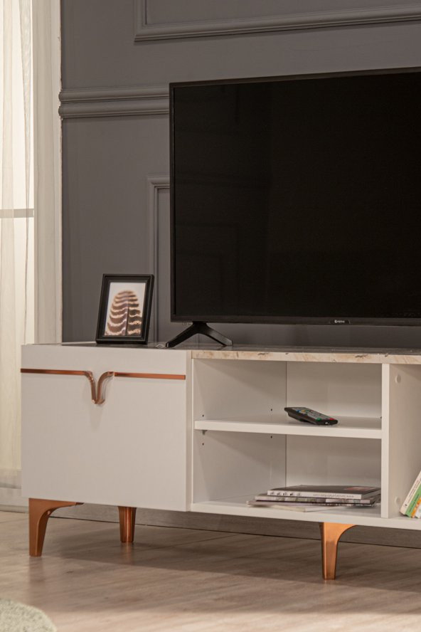 SANDALİE Pietra TV Ünitesi - Beyaz Mermer Desenli 160 cm 2 Kapaklı + 2 Raflı TV Sehpası - Resim 2
