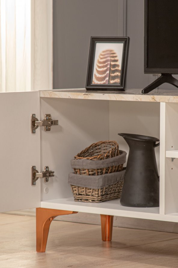 SANDALİE Pietra TV Ünitesi - Beyaz Mermer Desenli 160 cm 2 Kapaklı + 2 Raflı TV Sehpası - Resim 3