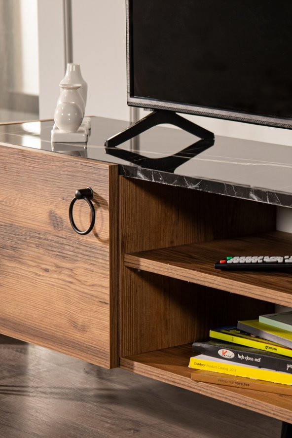 SANDALİE Sonata TV Ünitesi - Ceviz/Siyah 160 cm 2 Kapaklı + 2 Raflı TV Sehpası - 2