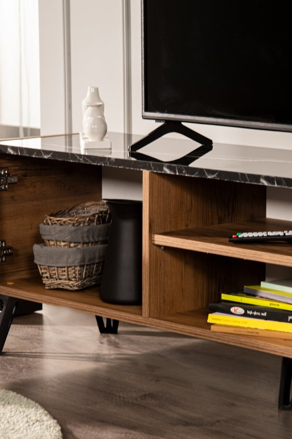 SANDALİE Sonata TV Ünitesi - Ceviz/Siyah 160 cm 2 Kapaklı + 2 Raflı TV Sehpası - 3
