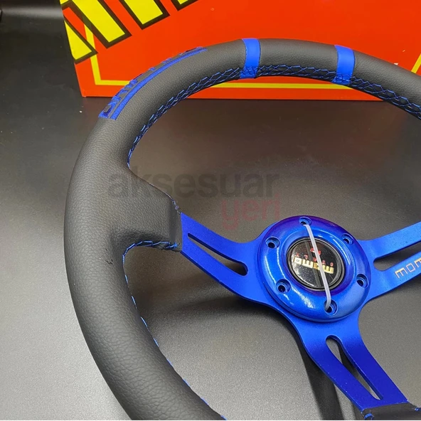 Momo Direksiyon Mavi İpli 35cm Ofsetli Model Deri Kaplama A+ Orjinal Ürün - 3