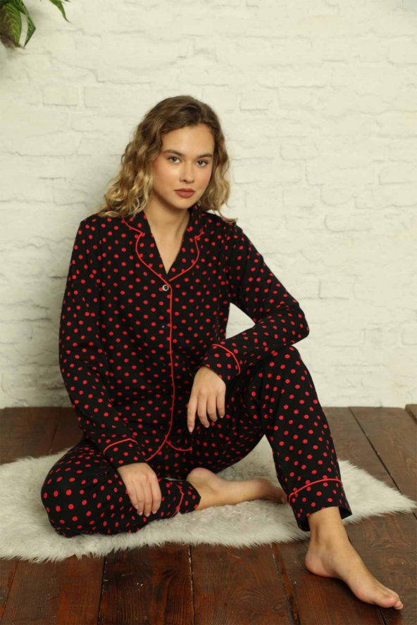 Dreamy Likralı Pamuklu Biyeli Puantiyeli Gömlek Pijama Takımı
