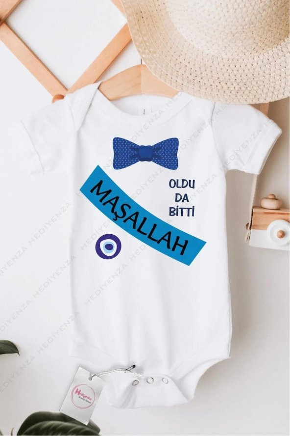 Maşallah Mavi Papyon Sünnet Hediyenza Özel Tasarım Bebek Zıbın Pamuklu Çıtçıtlı Body Bebek Hediye ürün görseli 1