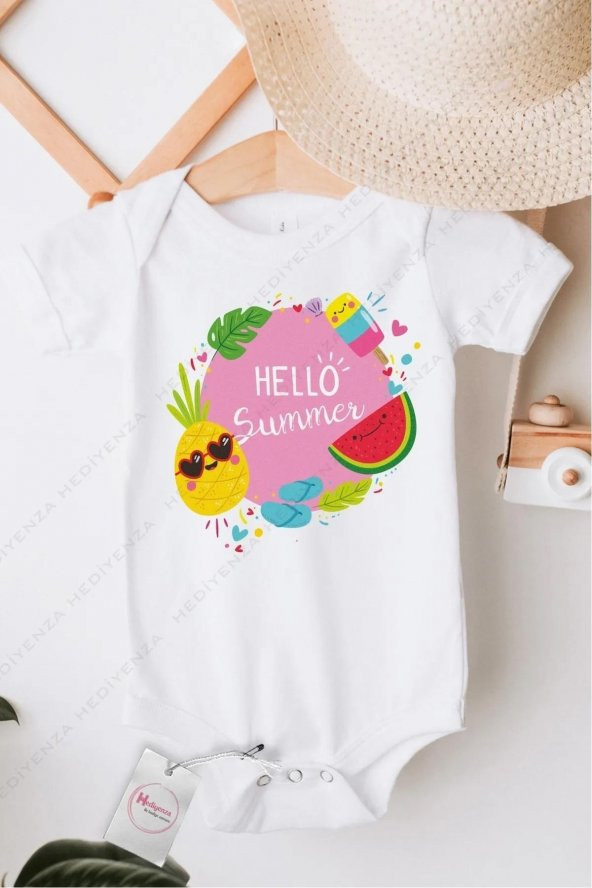 Hello Summer Hediyenza Özel Tasarım Bebek Zıbın Pamuklu Çıtçıtlı Body Bebek Hediye ürün görseli 1