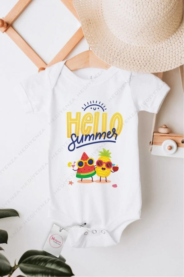 Hello Summer 2 Hediyenza Özel Tasarım Bebek Zıbın Pamuklu Çıtçıtlı Body Bebek Hediye