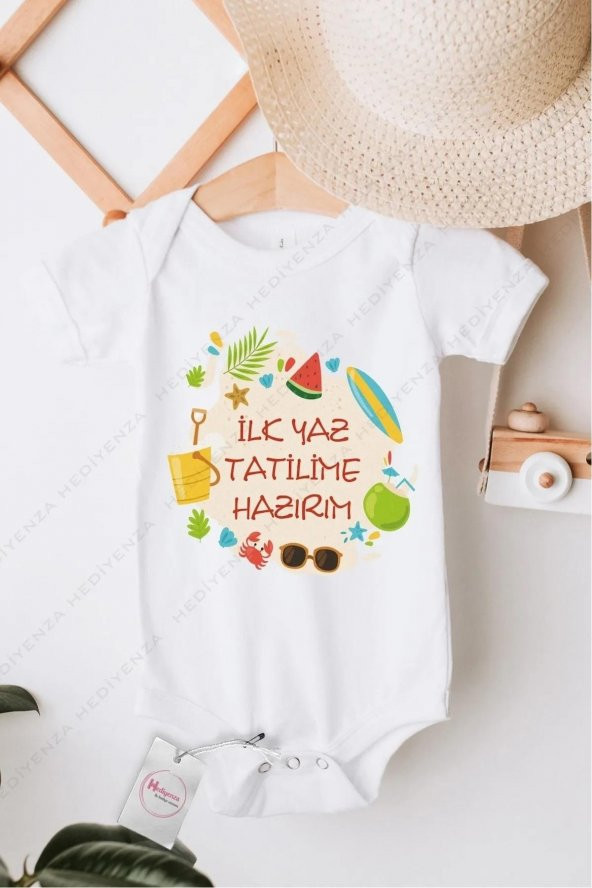 İlk Yaz Tatilime Hazırım Hediyenza Özel Tasarım Bebek Zıbın Pamuklu Çıtçıtlı Body Bebek Hediye ürün görseli 1