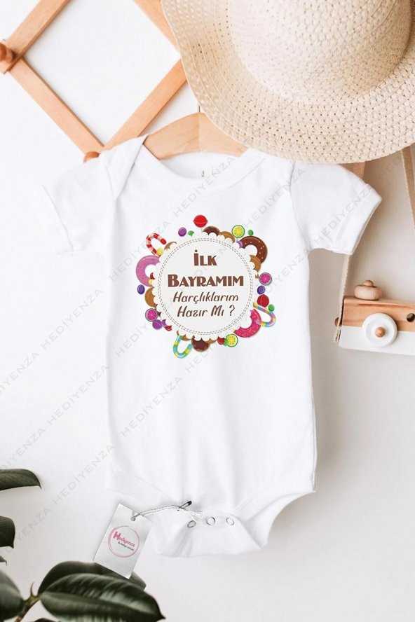 İlk Bayramım Harçlıklarım Hazır mı Hediyenza Özel Tasarım Bebek Zıbın Pamuklu Çıtçıtlı Body Bebek Hediye - 1