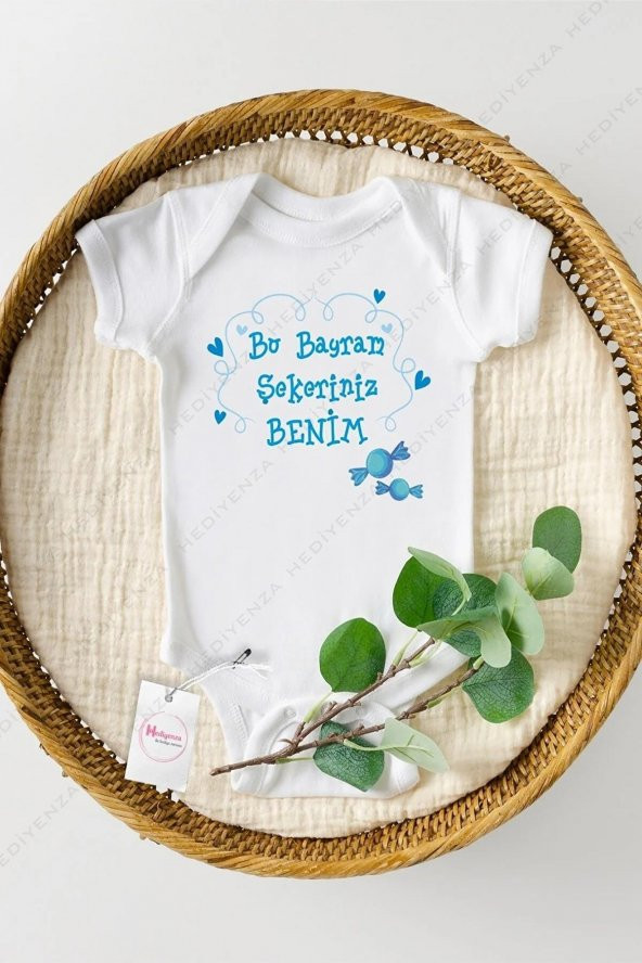 Bu Bayram Şekeriniz Benim Mavi Hediyenza Özel Tasarım Bebek Zıbın Pamuklu Çıtçıtlı Body Bebek Hediye