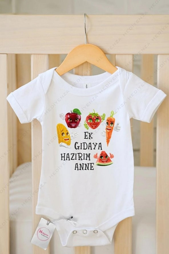 Ek Gıdaya Hazırım Anne Hediyenza Özel Tasarım Bebek Zıbın Pamuklu Çıtçıtlı Body Bebek Hediye