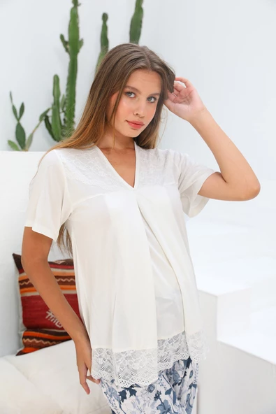 Lohusasepeti MOMMYSH® 55715 Bloom Çiçekli Sabahlıklı Dantel Kenar Lohusa Pijama Takımı - 4