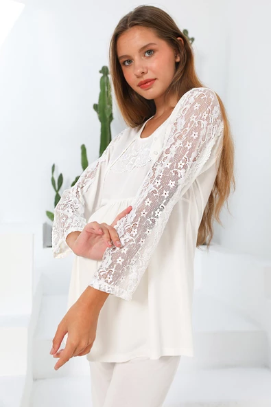 Lohusasepeti MOMMYSH® 55303 Elegance Dantel Kollu Lohusa Pijama Takımı - 8
