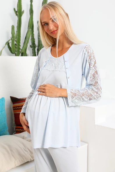 Lohusasepeti MOMMYSH® 55303 Elegance Dantel Kollu Lohusa Pijama Takımı - 11