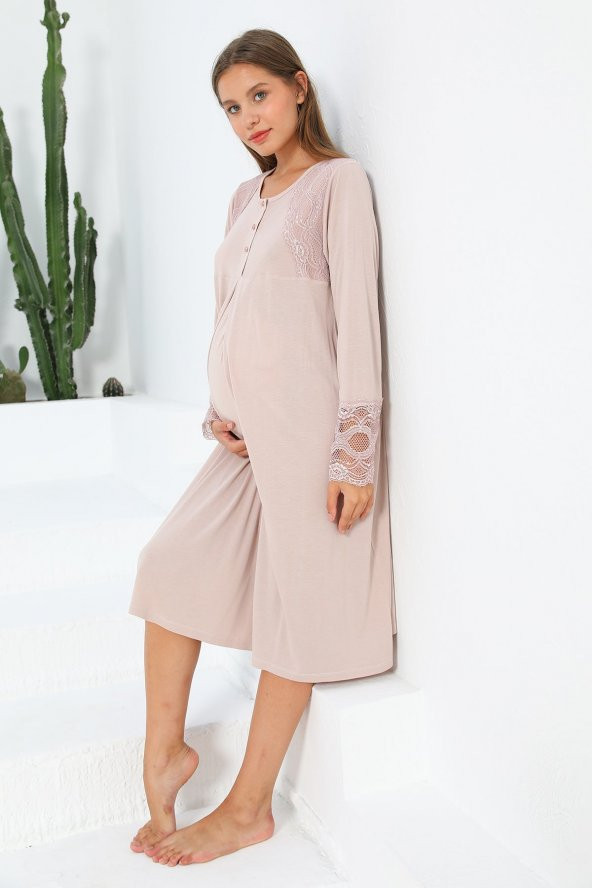 MOMMYSH® 55501 Passion Welsoft Sabahlıklı Dantel Kol Lohusa Gecelik Takımı - 5