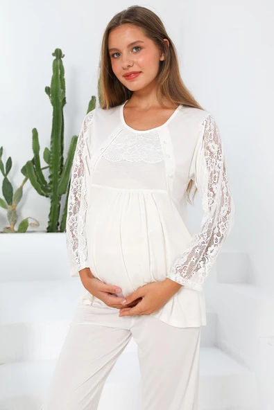 Lohusasepeti MOMMYSH® 55303 Elegance Dantel Kollu Lohusa Pijama Takımı - 6