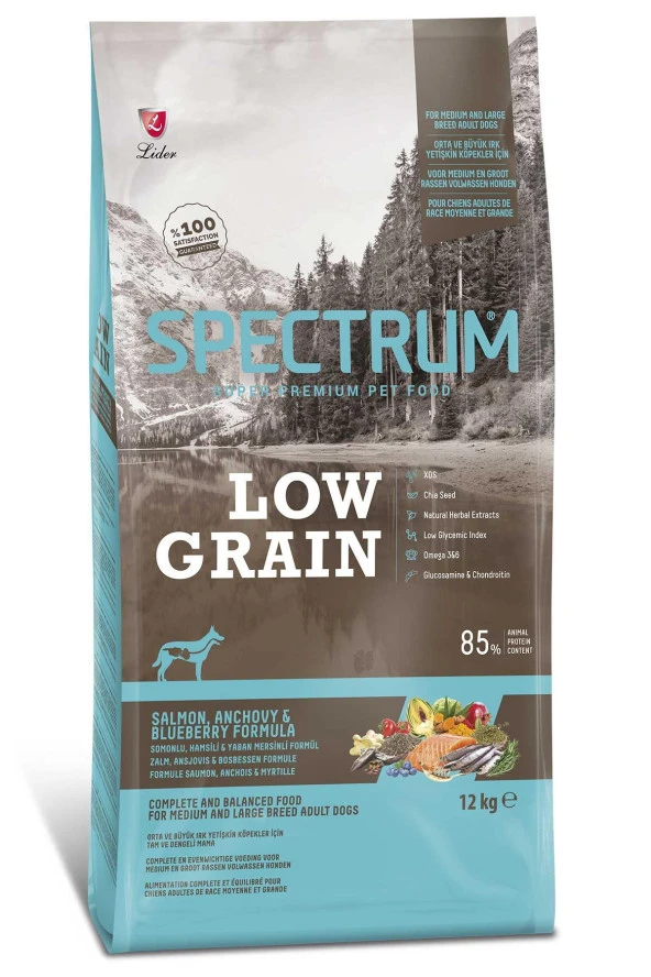 Spectrum Low Grain Somonlu Hamsili&Yaban Mersinli Orta Ve Büyük Irk Yetişkin Köpek Maması 12 Kg