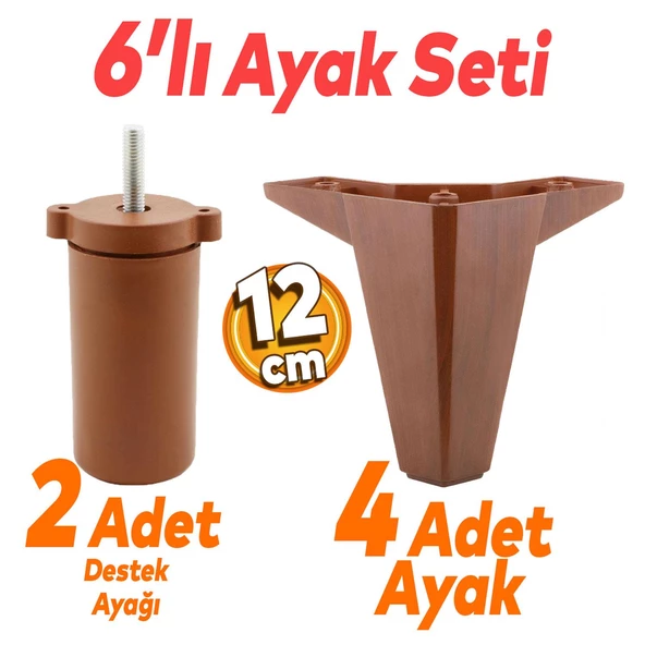 Sedir 6'lı Set Mobilya Tv Ünitesi Çekyat Koltuk Kanepe Destek Ayağı 12 Cm Kahverengi Baza Ayakları