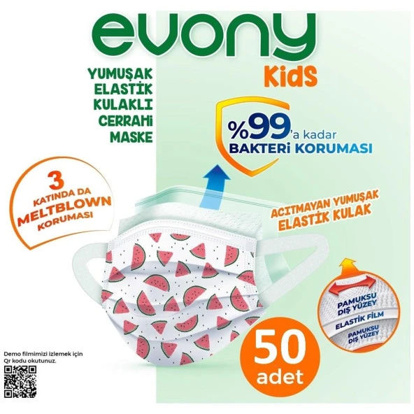 Evony Kids Yumuşak Elastik Kulaklı 3 Katlı Cerrahi Maske 50'li - 5