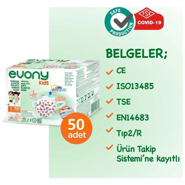 Evony Kids Yumuşak Elastik Kulaklı 3 Katlı Cerrahi Maske 50'li - 6