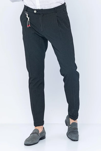 Erkek Çizgili Pileli Düğmeli Fermuarlı Aksesuar Detaylı Bürümcük Kumaş Rahat Pantolon - 7