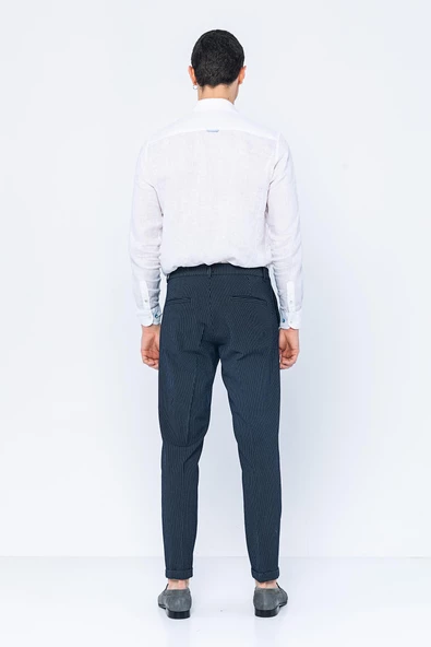 Erkek Çizgili Pileli Düğmeli Fermuarlı Aksesuar Detaylı Bürümcük Kumaş Rahat Pantolon - 12