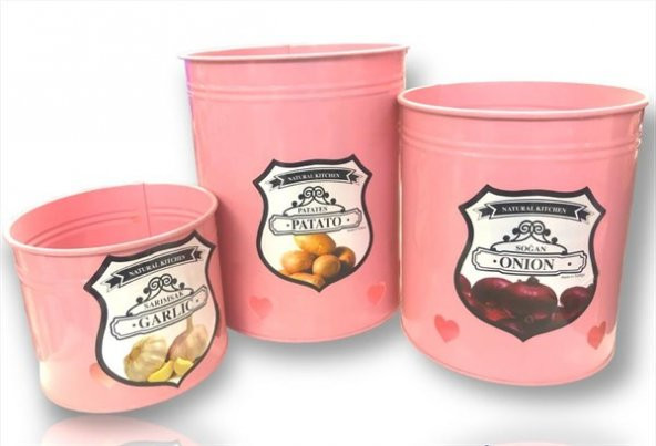 3lü Metal Patates Soğan Sarımsak Kova Seti- Pembe