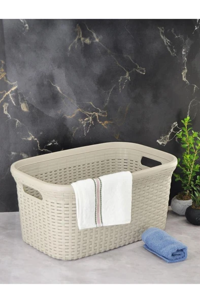 Bej, Hasır Desenli Plastik Çamaşır Selesi - 25x35x53cm ürün görseli 1
