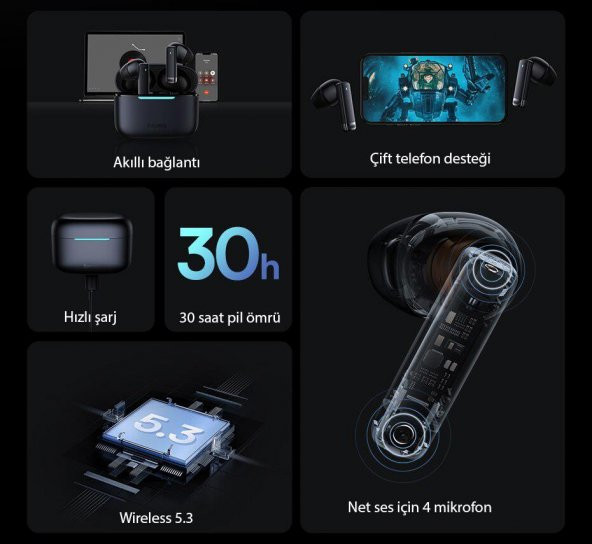 Baseus Kablosuz Şarjlı Çift Telefon Destekli ANC Bluetooth 5.3 Kulaklık Gürültü Önleyici Kulaklık - 3