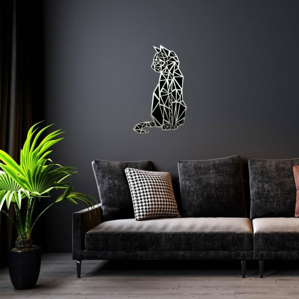 Veraart Aynalı Geometrik Kedi Ahşap Katmanlı Duvar Dekoru 60 cm - 3