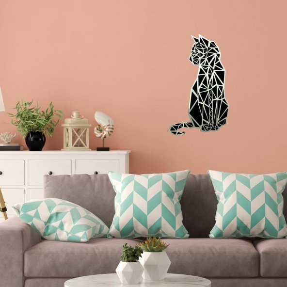 Veraart Aynalı Geometrik Kedi Ahşap Katmanlı Duvar Dekoru 60 cm - 4