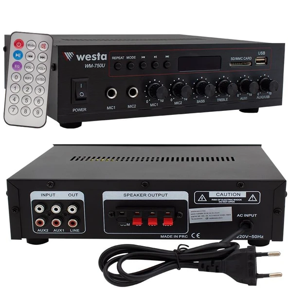 Westa WM-750U 80 Watt 100V-70V Mini Amplifikatör 4-16 Ohm USB-SD-Bluetooth 2 Mikrofon Girişli Trafolu Anfi Mixer Amfi - 9