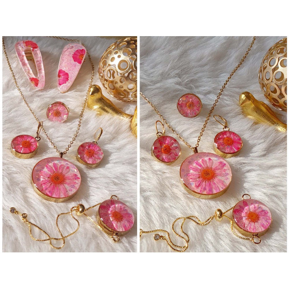 Ronik Pembe Papatya Altın Kaplama Çelik Kolye Küpe Bileklik Yüzük ve Saç tokası Takı Set - 5