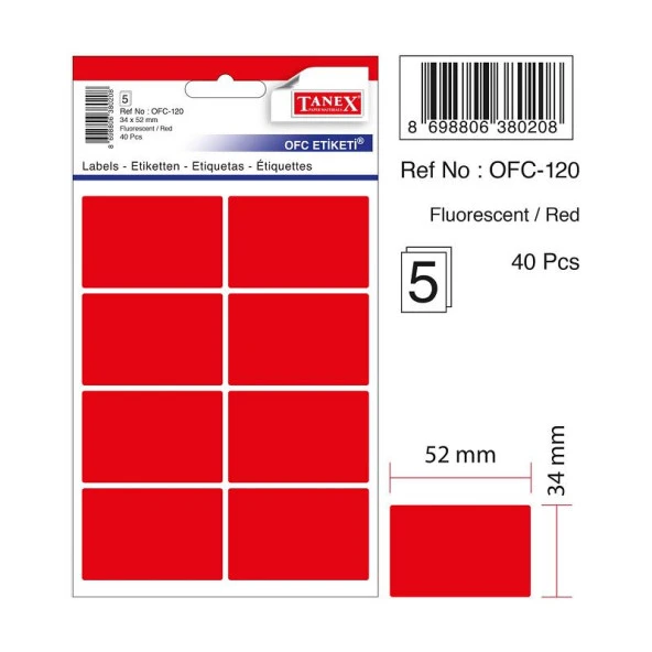 Tanex Flo Kırmızı 34 x 52 MM Ofis Etiketi 5 Yaprak (10 Lu Paket)