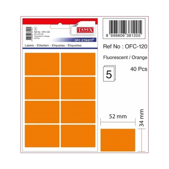 Tanex Ofis Etiketi Fosforlu Turuncu 34 x 52 MM Ofis Etiketi 5 Yaprak (10 Lu Paket)