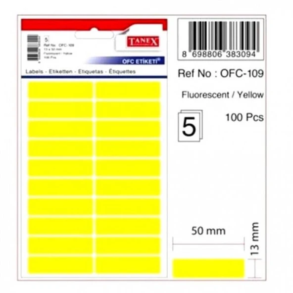 Tanex Ofis Etiketi Fosforlu Sarı 50x13 MM Ofis Etiketi 5 Yaprak (10 Lu Paket)