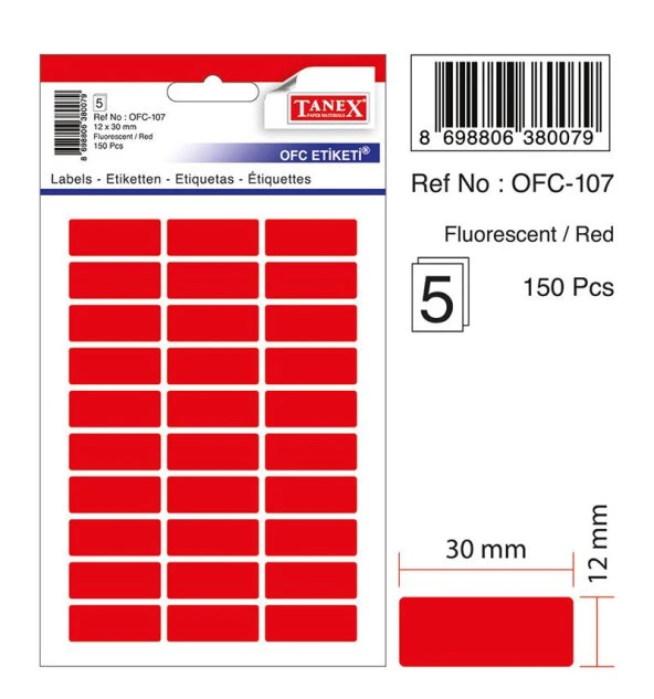 Tanex Ofis Etiketi Poşetli 12x30 Mm Fosforlu Kırmızı Ofis Etiketi 5 Yaprak (10 Lu Paket)