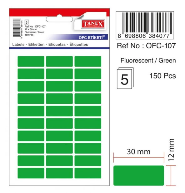 Tanex Ofis Etiketi 12x30 Mm Fosforlu Yeşil Ofis Etiketi 5 Yaprak (10 Lu Paket)