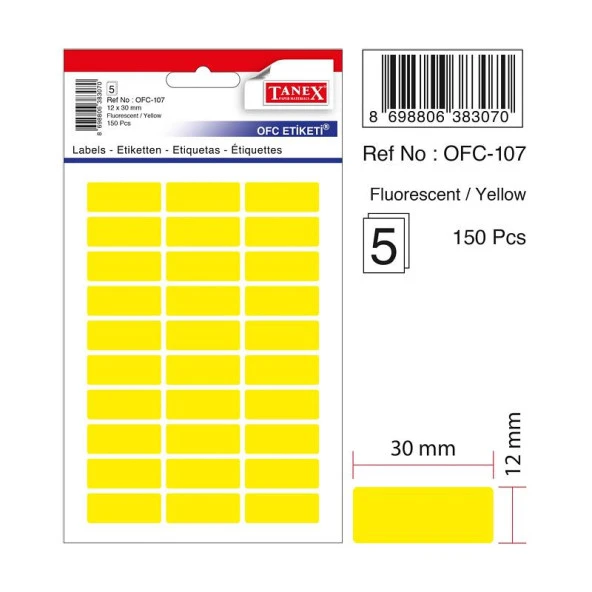 Tanex Ofis Etiketi 12x30 Mm Fosforlu Sarı Ofis Etiketi 5 Yaprak (10 Lu Paket)