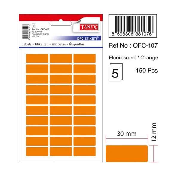 Tanex Ofis Etiketi 12x30 Mm Fosforlu Turuncu Ofis Etiketi 5 Yaprak (10 Lu Paket)