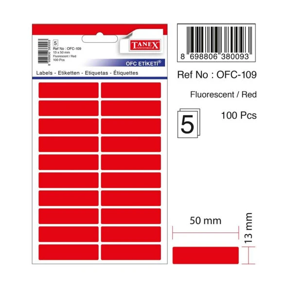 Tanex Ofis Etiketi Fosforlu Kırmızı 13x50 MM Ofis Etiketi 5 Yaprak (10 Lu Paket)