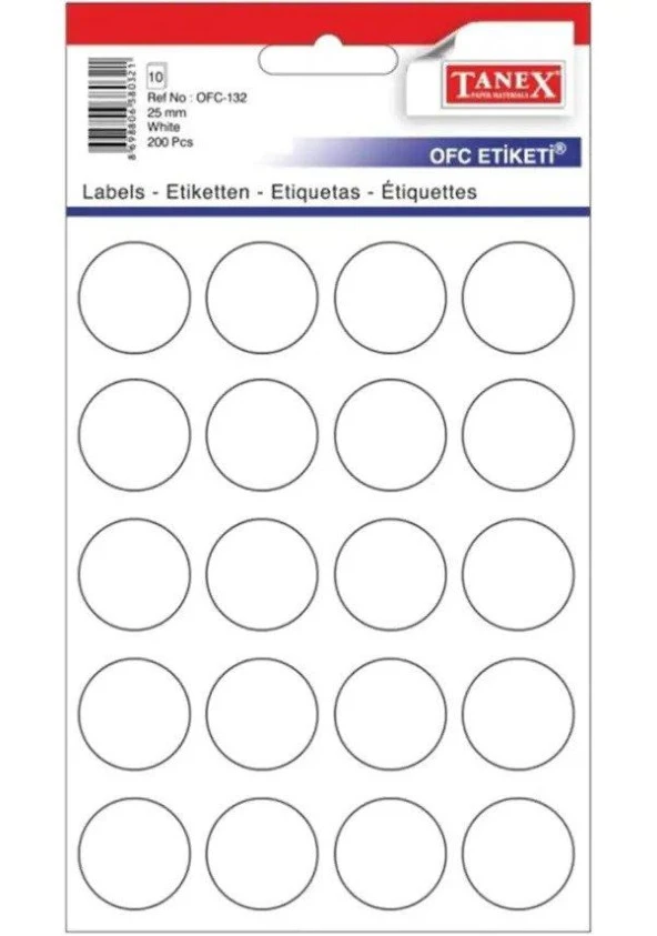 Tanex Ofis Etiketi Poşetli Yuvarlak 25 Mm Beyaz Ofis Etiketi (10 Lu Paket)
