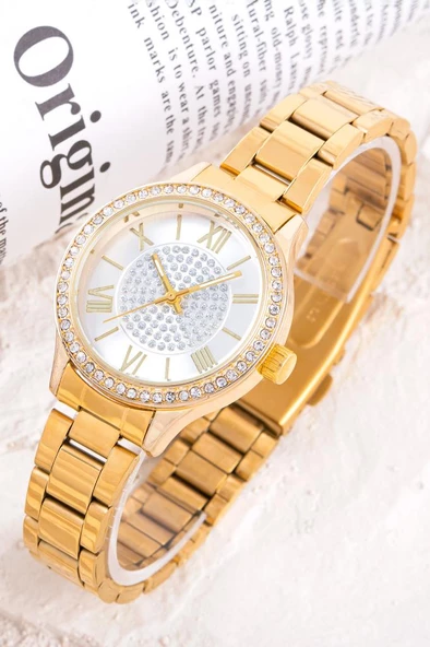 Sarı Renk Roma Rakamlı Taşlı Kadın Kol Saati ST-304295 ürün görseli 1