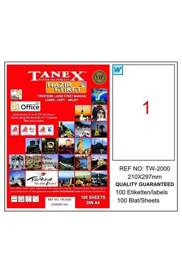 Tanex Laser Etiket 100 Yaprak 210x297 MM Lazer Etiket Düz Kenar