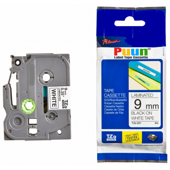 Puun Brother P-Touch TZE-221 9mm x 8m Beyaz Üzerine Siyah Muadil Laminasyon Etiket Şeridi