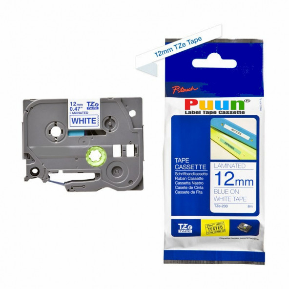 Puun Brother P-Touch TZE-233 12MM x 8m Beyaz Üzerine Mavi Muadil Laminasyon Etiket Şeridi
