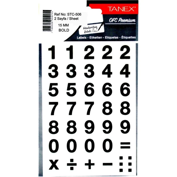 Tanex Rakam Etiketi 15 MM Bold Rakam Etiketi 15 mm 2 Sayfa (10 Lu Paket)