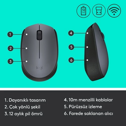 LOGITECH M170 USB SİYAH KABLOSUZ MOUSE 910-004642 - 7